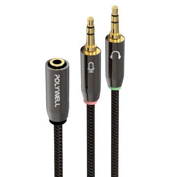 POLYWELL 寶利威爾 3.5mm 1母 四極 轉2公 三極 音源轉接線 PW15-W52-A005  1條  25cm