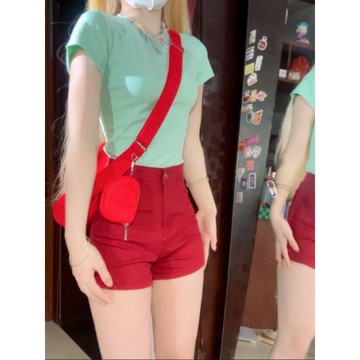 多巴胺奶辣妹正肩短袖t恤女夏季韓版新款修身顯瘦純色短款上衣ins純欲辣妹上衣 辣妹裝 顯胸收腰上衣 短款上衣 韓系穿搭夏