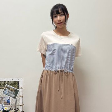 Hana-Mokuba花木馬日系女裝條紋拼接設計・鬆緊綁帶洋裝_駝