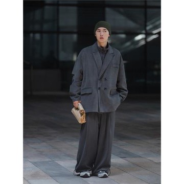 NOEARS灰色工裝休閑痞帥西裝男高級垂感外套秋冬寬松cityboy西服