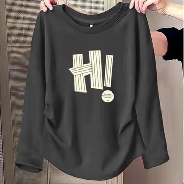 愛依依 長袖T恤 印花上衣 打底內搭衫M-4XL韓版簡約別緻收腰百搭圓弧下襬上衣-11022.