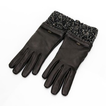 Chloe Jamie 小羊皮拼接混色針織袖口手套 (S號/黑色)