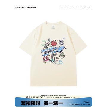 GTG原創美式復古卡通插畫設計圓領短袖T恤男寬松情侶高街ins半袖
