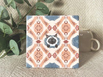 花磚躲貓貓杯墊 暹羅貓 | 婚禮小物 陶瓷 立體花紋