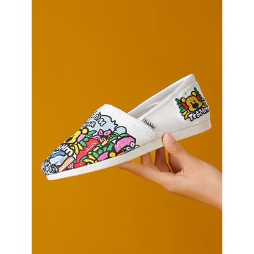 Tt&Mm/湯姆斯一腳蹬懶人手繪涂鴉帆布鞋女鞋休閑透氣時尚淺口布鞋