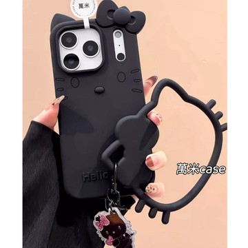 ins 黑色 Kitty 矽膠殼 適用於iPhone17 16 15 14 13 Pro Max 手機殼 全包矽膠保護殼