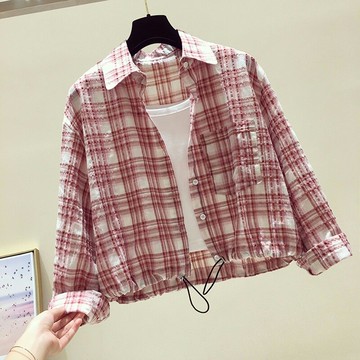 品牌折扣店正品女裝剪標清倉春秋格子襯衫長袖收腰兩件套短款上衣