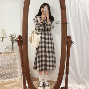 ワンピース シャツワンピース ロング ミモレ丈 チェック レトロ ドレスシャツ 春 夏 秋 流行 ネイビー ベージュ 2541 通販 Lineポイント最大get Lineショッピング