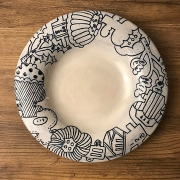 【 小丸 森林 青花 】手刻線條  原子筆色  20cm 西式 湯皿 餐盤