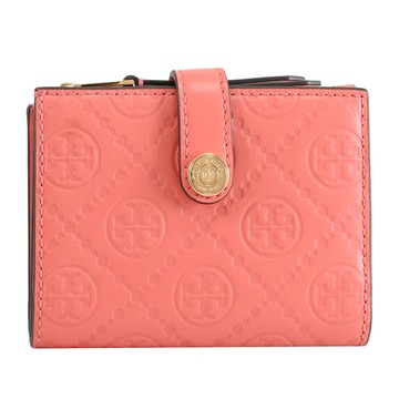 TORY BURCH 160229 經典LOGO壓紋皮革扣式零錢短夾.粉橘