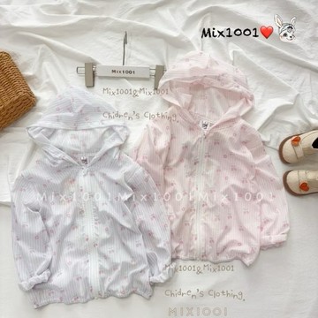 🌈✨mix1001超輕薄✨線條水果🍓🍒連帽外套✨兒童微透滿版草莓櫻桃拉鏈防曬遮陽小外套5-17