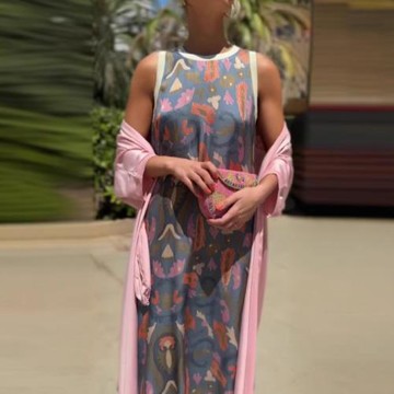 2025歐美跨境女裝新款印花Instagram網紅爆款連衣裙2件套帶披風圓