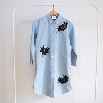 長襯衫 方格格紋 淺藍、黑牡丹