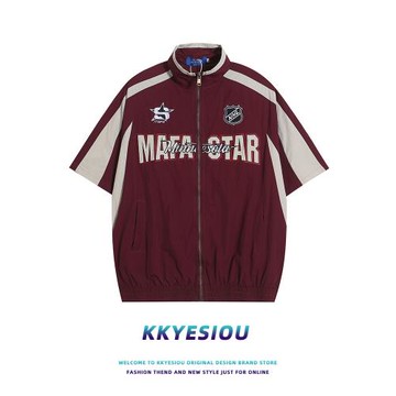 KKyesiou美式復古潮牌插肩立領短袖襯衫男拉鏈機能風插肩情侶上衣