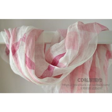 日系清新文藝亞麻格子圍巾 粉色減齡配搭學院風格子春夏絲巾圍巾