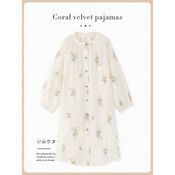 嬰兒棉紗睡裙女春秋款秋季純棉長袖雙層紗布棉麻睡衣連衣裙家居服