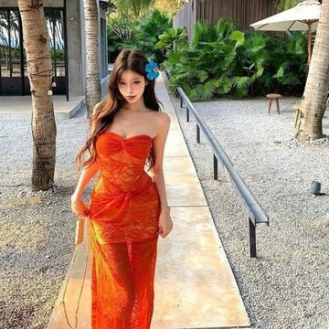 橘色辣妹泳衣無袖抹胸連衣裙女夏季修身蕾絲裙子度假泳裝包臀長裙