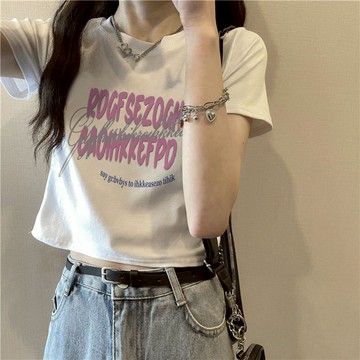 潮范十足！短版上衣 短袖 短t 背心女 白色上衣 純棉 露肚上衣 印花 t恤 打底衫 短板衣服 夏天衣服 顯瘦上衣 潮t