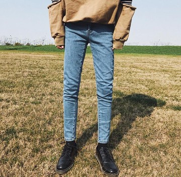 FINDSENSE品牌 男 時尚 簡約 淺色 藍 休閒牛仔褲 九分褲 直筒褲