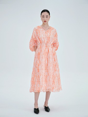 【V領】新中式復古中國風 粉色印花/褶皺兜袖連衣裙