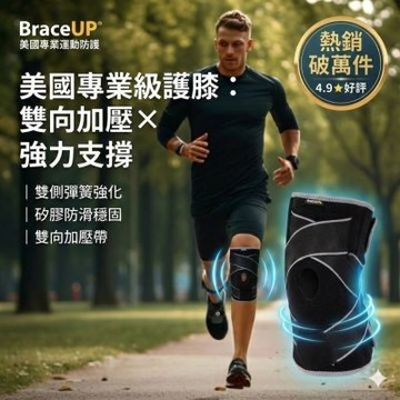 BraceUP 護膝推薦 運動護膝 (單只入)  矽膠防滑×雙向壓縮｜穩定支撐膝部｜跑步/籃球/登山/足球適用｜美國設計