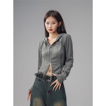 CTB啤酒隊長 美式辣妹雙拉鏈針織開衫外套女修身連帽設計感上衣春