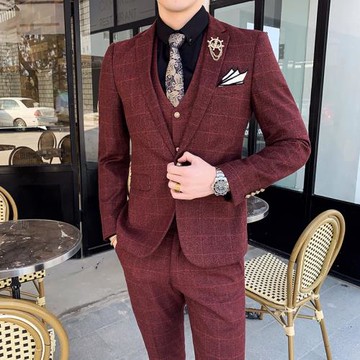潮流帥氣修身年宴會酒紅格子小西服三件套男韓版新郎西裝結婚禮服