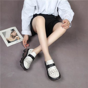 330春夏新款厚底松糕鞋真皮大頭皮鞋女復古手工鏤空洞洞休閑單鞋