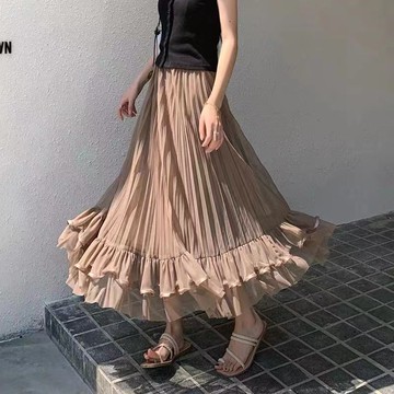 半身長裙三層紗裙氣質百褶裙高檔紗裙春秋季款高腰顯瘦a字【淘夢屋】