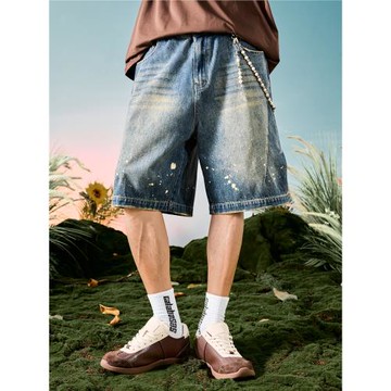 Nuthink美式復古牛仔短褲洗水做舊潑墨直筒五分褲休閑2026夏新款