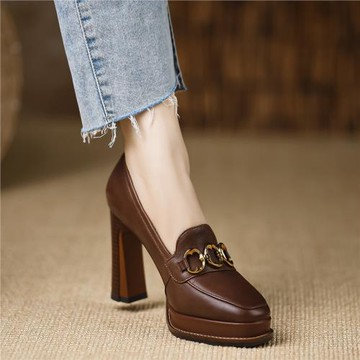 熊大叔女鞋9.8cm~新款防水臺全皮高跟粗跟頭層羊皮單鞋增高棕色女