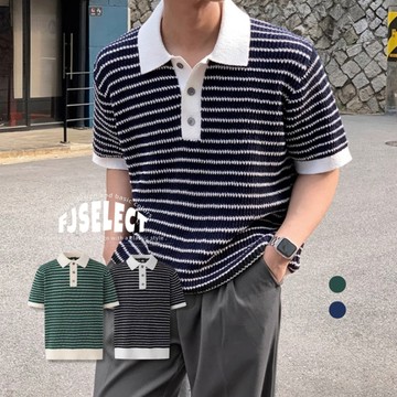 ［FJ select］ST047 韓系 撞色條紋 針織 POLO領 短T 短袖上衣 男生短袖 女上衣 情侶 T恤