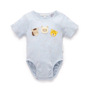 澳洲Purebaby有機棉嬰兒短袖包屁衣/新生兒 連身衣 灰藍毛驢