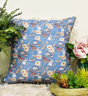 北歐風格藍色磨姑小兔米白毛毛球抱枕靠枕靠墊枕套