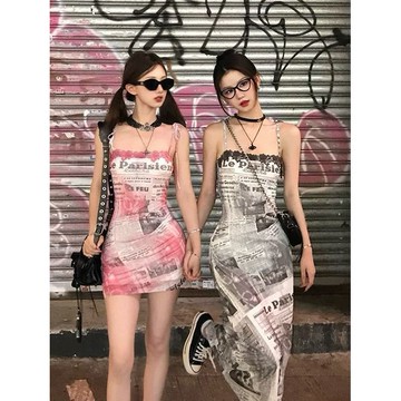 【臺灣有貨】美式辣妹性感吊帶連衣裙女2024夏季新款收腰顯瘦露背開衩網紗裙潮