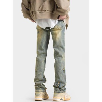 hiphop歐美夏季黃泥刺繡牛仔褲男vibe高街潮牌直筒水泥色修身褲子