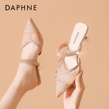 達芙妮包頭半拖鞋女時尚外穿2024年爆款夏季尖頭網紗細跟高跟拖鞋