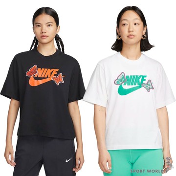 Nike 女裝 短袖上衣 蝴蝶 刺繡 寬鬆 純棉 黑橘/白綠【運動世界】FD2526-010/FD2526-100
