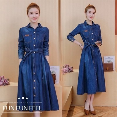 デニムワンピース ロン丈 長袖 レディース ワンピース デニム シャツワンピース Aライン 前開け 着痩せ お洒落 秋服 秋コーデ 通販 Lineポイント最大get Lineショッピング