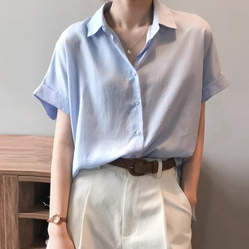 日系女士藍色短袖襯衫女夏天薄款藍襯衣氣質上衣