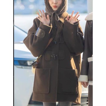 林娜璉同款咖色牛角扣呢大衣女2024秋冬新款學院風少女毛呢外套