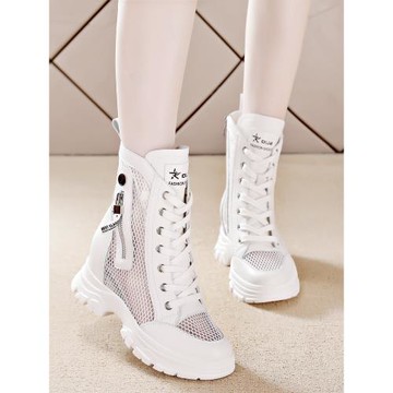 真皮透氣網紗時裝靴子2025年百搭鏤空薄款顯瘦炸街內增高馬丁靴女