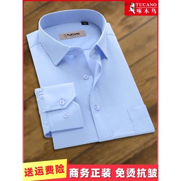 啄木鳥藍色襯衣男長袖秋季商務正裝中年寬松條紋免燙職業工裝襯衫