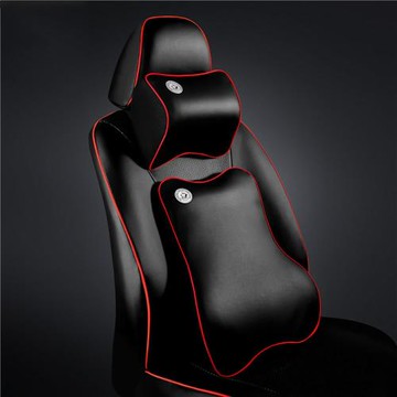 威力鯨車神 高科技太空記憶棉手工皮製汽車頭枕腰靠組 黑色紅邊