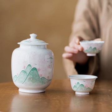 手繪山水陶瓷茶葉罐大號存儲密封茶葉盒茶倉紅綠茶空罐高檔