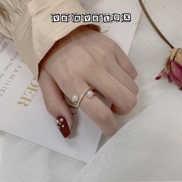 两件9.9折🔥臺灣出貨🔥可開發票✅小衆設計氣質珍珠戒指女網紅時尚個性冷淡風指環ins潮交叉食指戒