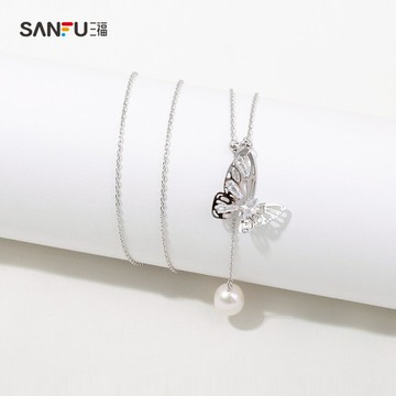 三福清新抽拉鋯石蝴蝶短項鏈 時尚氣質小眾設計感首飾  804363