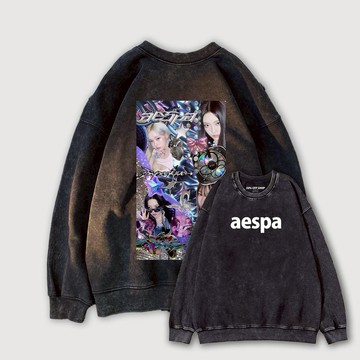 aespa Karina Giselle Winter Ningning復古銀Y2K 做舊水洗純棉大學T 台灣獨家韓團T