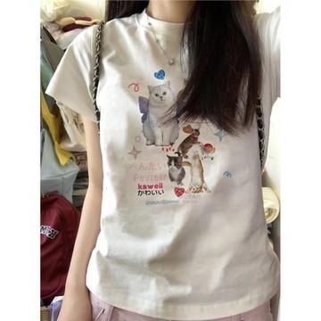 純棉正肩貓咪印花短袖t恤女夏設計感小眾美式短款甜辣妹修身上衣