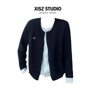 假兩件撞色拼接針織開衫女秋冬小眾復古休閑百搭字母刺繡圓領上衣